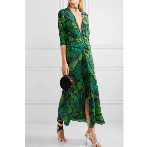 RIXO Dresses & Skirts - RIXO Black & Green Palm Printed Backless 100% Silk Maxi Dress Size Large